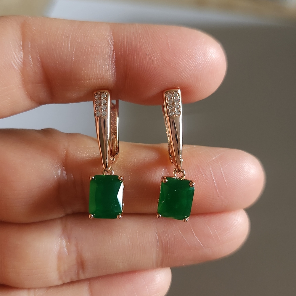New 14K Gold Plated Emerald Cut Emerald Diamond Dangle Drop Hoop Earrings